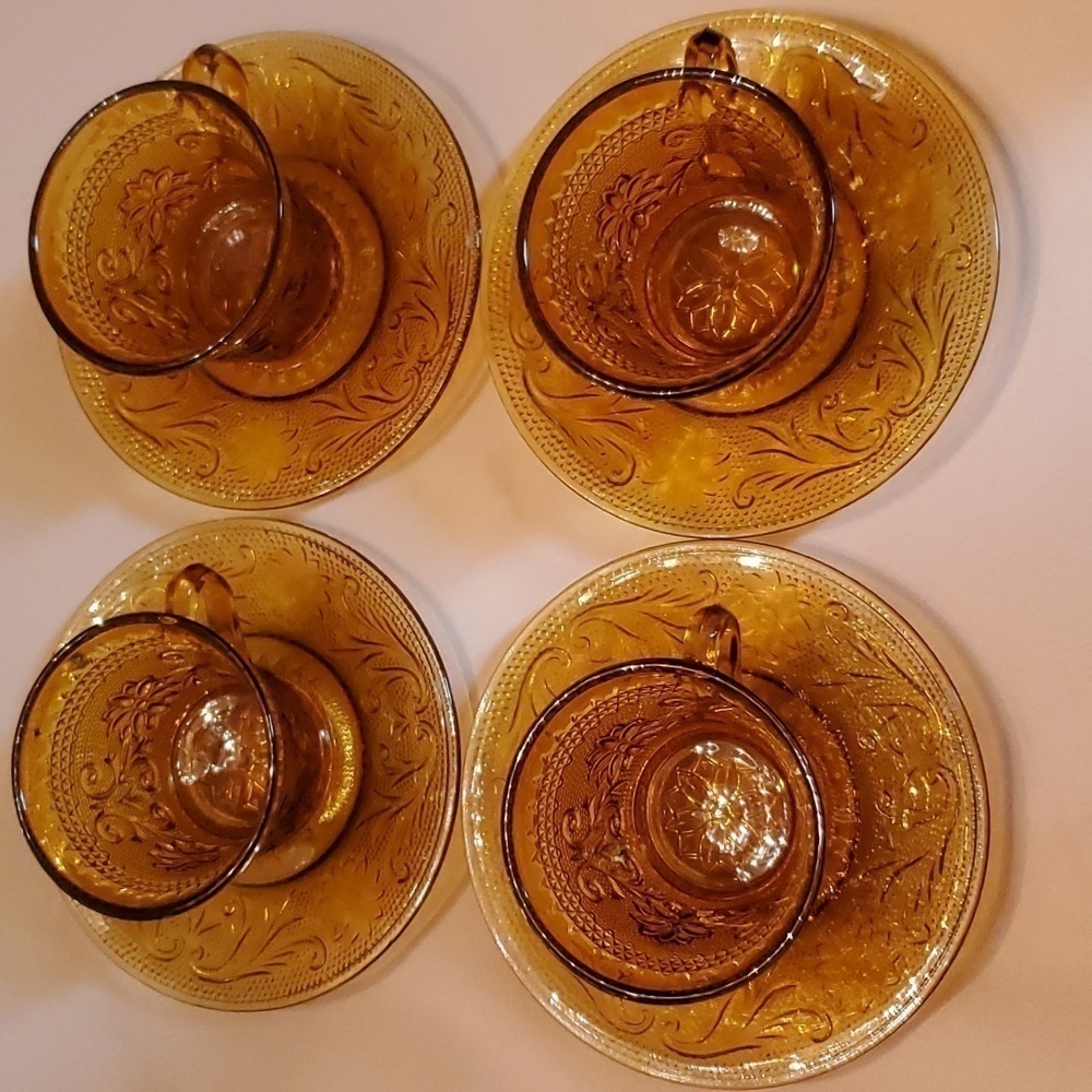 Vintage Tiara Crystal Cup & Saucer Set of 4 Sandwich Pattern Amber Indiana Glass - Picture 2 of 13